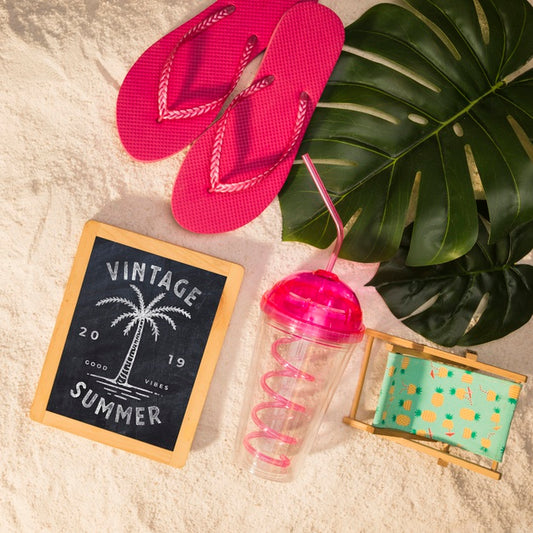 Free Summer Mockup With Colorful Sandals And Tropical Leaves Psd