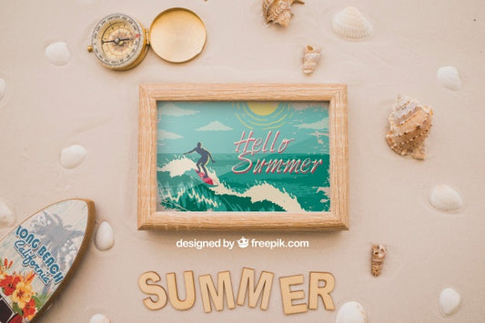 Free Summer Theme With Frame And Surfboard Psd