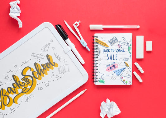 Free Supplies For School With White Board On Red Background Psd