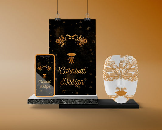 Free Support With Carnival Mask And Phone Psd
