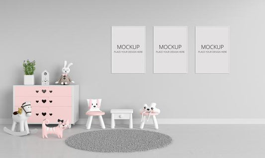 Free Table And Chairs In Gray Child'S Room With Frames Mockup Psd