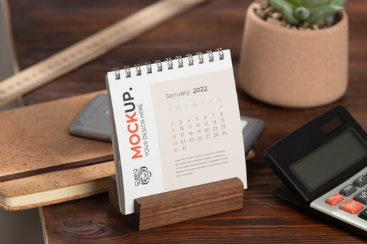 Free Table Display With Calendar Mockup In Real Life Psd