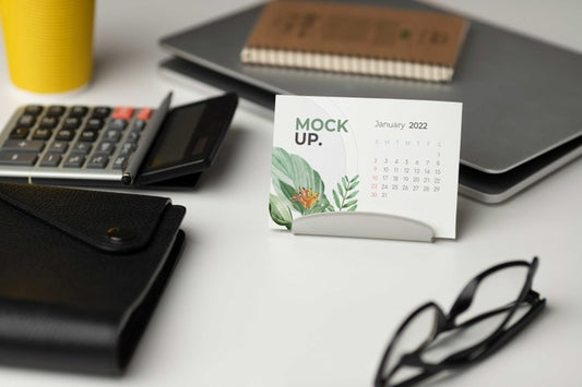 Free Table Display With Calendar Mockup In Real Life Psd