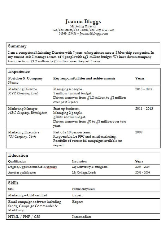 Free Tables CV Resume Template in Microsoft Word (DOC) Format