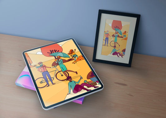Free Tablet And Picture With Colorful Draw Psd