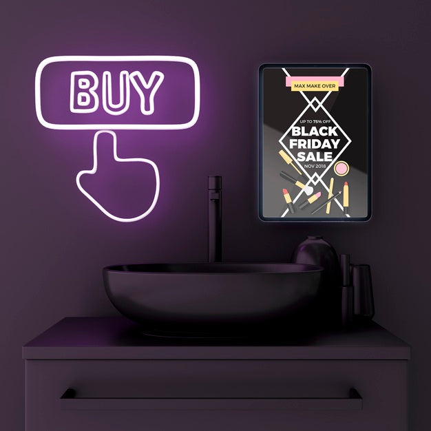 Free Tablet Mock-Up In Bathroom With Purple Neon Lights Psd