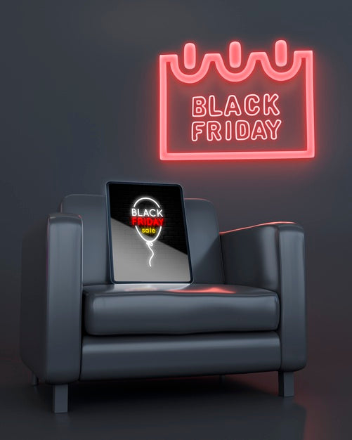Free Tablet Mock-Up On Armchair With Red Neon Lights Psd