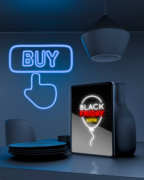 Free Tablet Mock-Up On Kitchen Counter With Blue Neon Lights Psd
