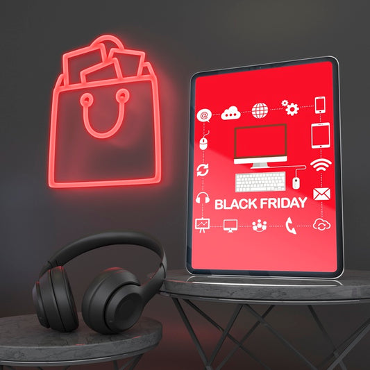 Free Tablet Mock-Up With Neon Lights And Headphones Psd