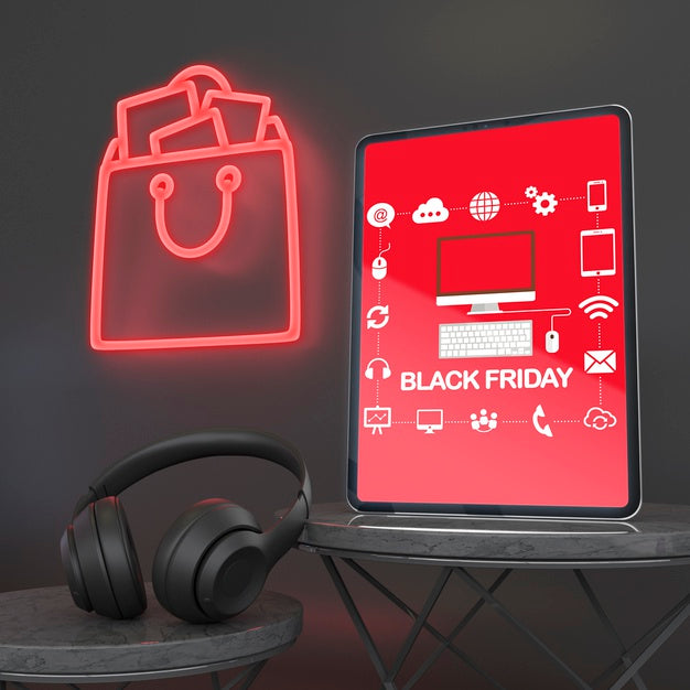 Free Tablet Mock-Up With Neon Lights And Headphones Psd