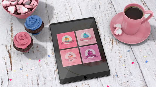 Free Tablet Mockup With Cupcakes Psd