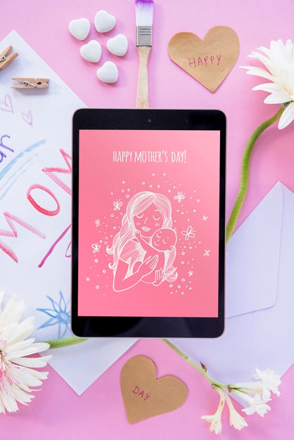 Free Tablet Mockup With Flat Lay Mothers Day Composition Psd