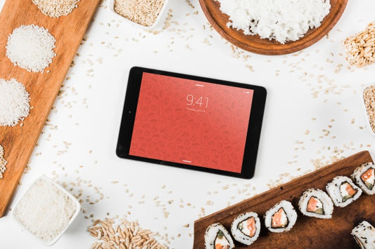 Free Tablet Mockup With Japanese Food Mockup Psd