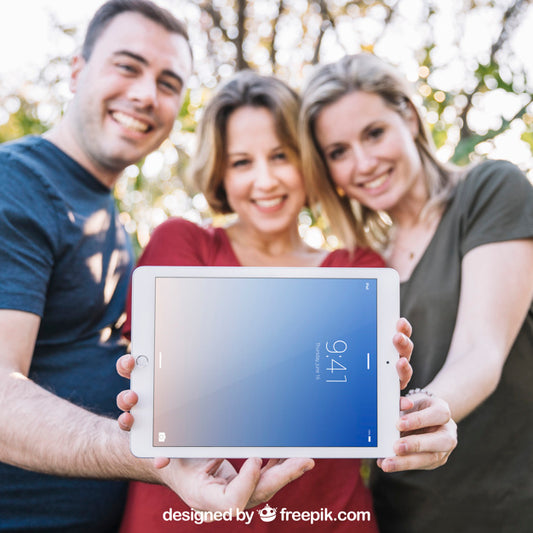 Free Tablet Mockup With Three Friends Psd
