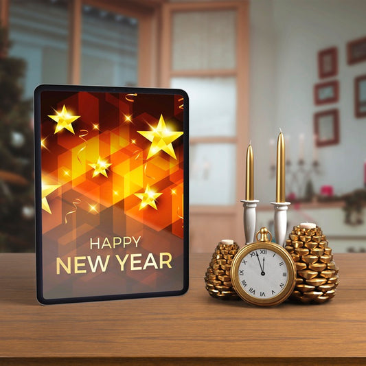 Free Tablet On Table Beside Decorations Psd