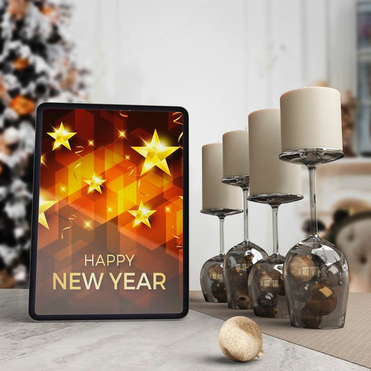 Free Tablet On Table With Wish For New Year Night Psd