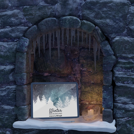 Free Tablet Placed On Fireplace Mock-Up Psd