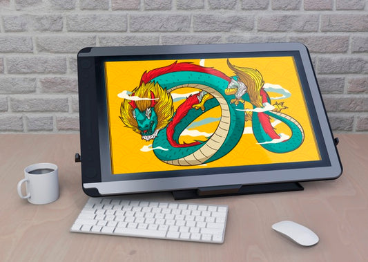 Free Tablet With Artistic Drawing On Table Psd