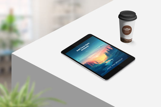 Free Tablet With Coffee Cup Mockup