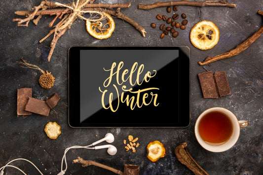 Free Tablet With Hello Winter Message Psd