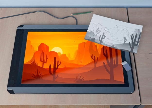 Free Tablet With Landscape And Sheet Sketch Psd