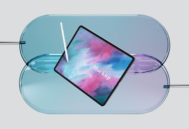 Free Tablet With Pen On Glass Support Psd