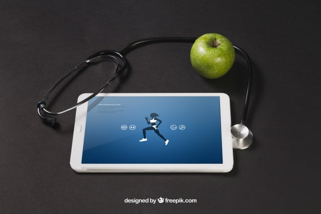Free Tablet With Sports App, Apple And Stethoscope Psd
