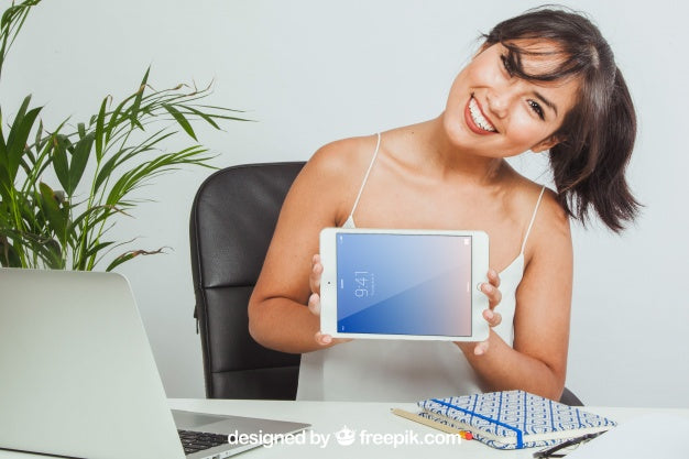 Free Tablet'S Mock Up, Office And Happy Woman Psd