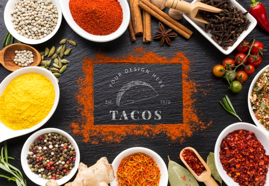 Free Tacos Lettering And Cinnamon Frame Mock-Up Surrounded By Spices And Herbs Psd