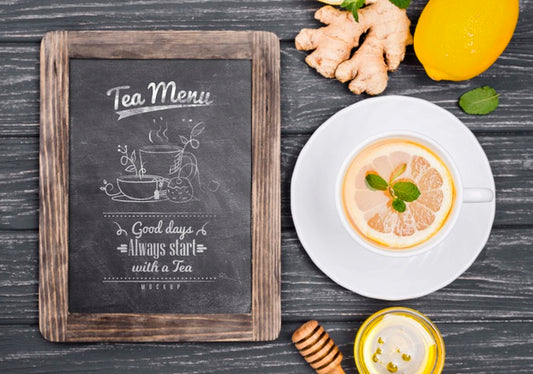Free Tea Concept On Wooden Table Mock-Up Psd