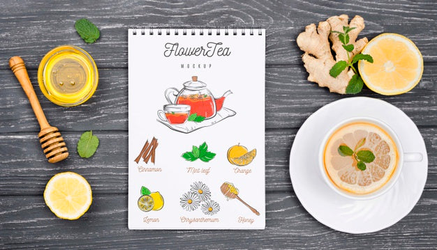 Free Tea Concept On Wooden Table Mock-Up Psd