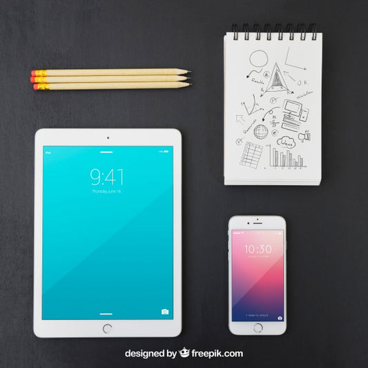 Free Technological Devices, Pencils And Notebook With Drawing Psd