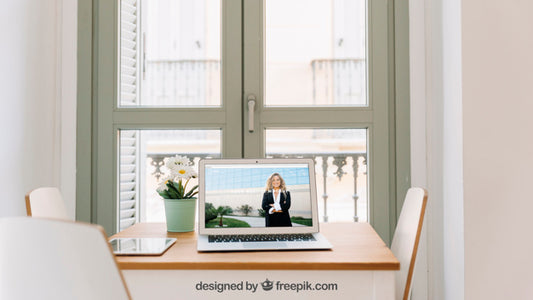 Free Technology Mockup With Laptop In Front Of Window Psd
