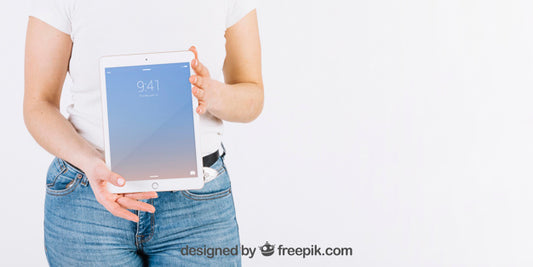 Free Technology Mockup With Woman Holding Tablet Psd