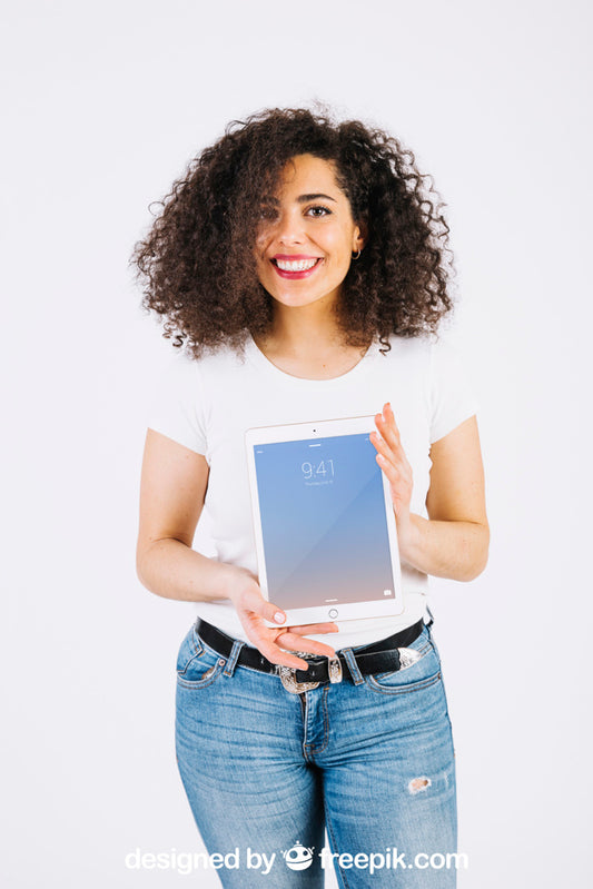 Free Technology Mockup With Woman Showing Tablet Psd