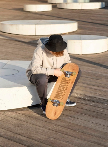 Free Teenager With Mock-Up Skateboard Outdoors Psd