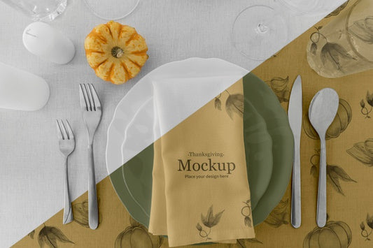Free Thanksgiving Dinner Table Arrangement With Cutlery And Pumpkin Psd