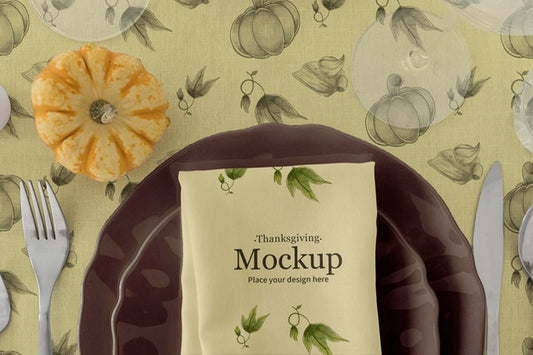Free Thanksgiving Dinner Table Arrangement With Plate And Pumpkin Psd