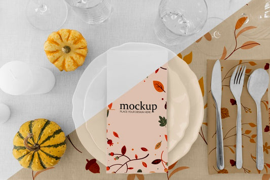 Free Thanksgiving Dinner Table Arrangement With Plates And Pumpkins Psd