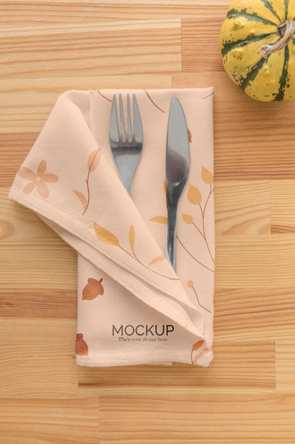 Free Thanksgiving Dinner Table Arrangement With Pumpkin And Cutlery In Napkin Psd