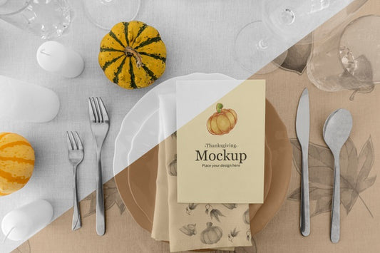 Free Thanksgiving Dinner Table Arrangement With Pumpkin And Plates Psd