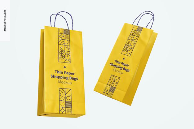 Free Thin Paper Shopping Bags Mockup, Floating Psd