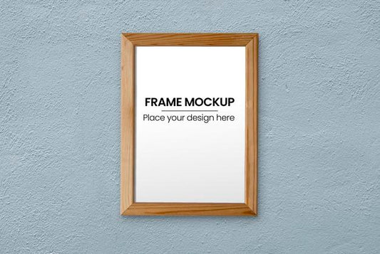 Free Thin Wooden Frame Over Blue Wall Mockup Psd