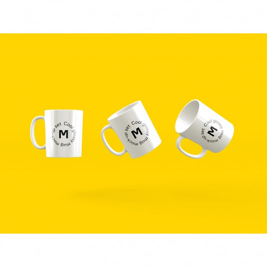 Free Three Coffee Mugs Floating PSD Mockup