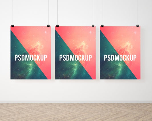 Free Three Posters On White Wall Mock Up Psd