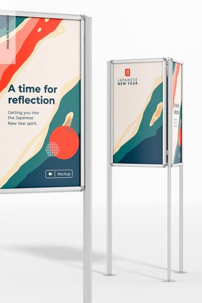 Free Three-Sided Poster Stands Mockup, Close Up Psd