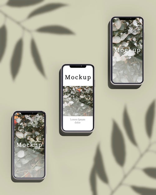 Free Three Smartphones With Leaves Shadow Psd