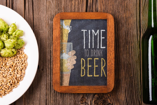 Free Time For Beer Sign With Seeds On Plate Psd
