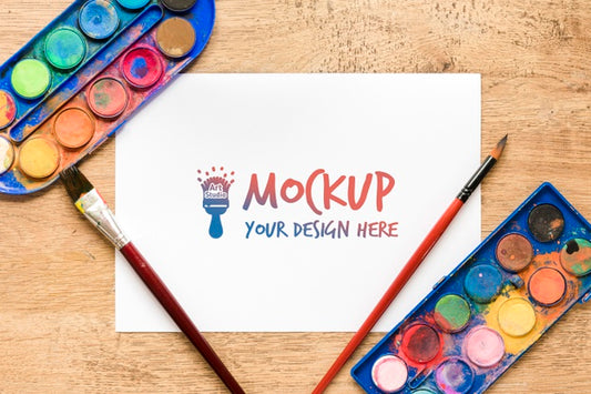 Free Top View Aquarelle And Paint Brushes With Mock-Up Psd