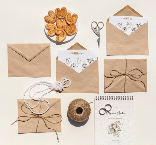 Free Top View Arrangement Of Brown Paper Envelopes And Wedding Rings Psd
